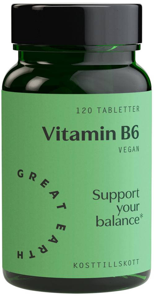 En grønn flaske merket "Vitamin B6" med svart lokk, som støtter balanse og er vegansk, inneholder 120 tabletter.