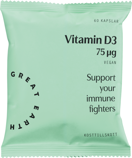 Merkelapp for vegansk vitamin D3-tilskudd, støtter immunforsvaret, 60 kapsler, 75 mikrogram.