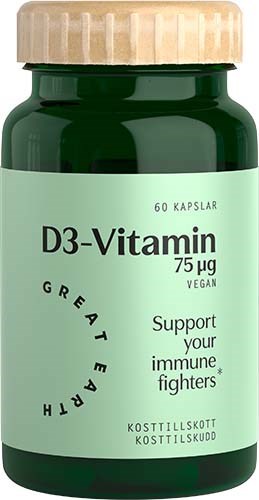 Green bottle with a beige cap, labeled D3-Vitamin, 75 micrograms, supports immune health, vegan, contains 60 capsules.