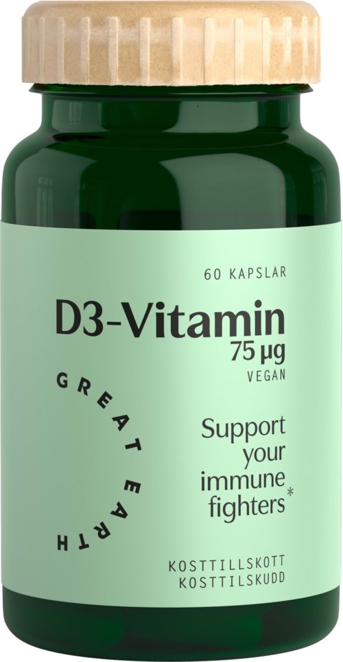 Green bottle with beige cap, label shows D3-Vitamin, helps immune fighters, vegan, 75 micrograms, 60 capsules.