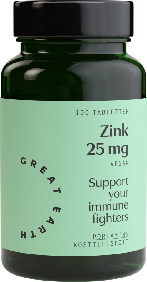 Green supplement bottle labeled Zink 25 mg, vegan, supports immune health, contains 100 tablets.