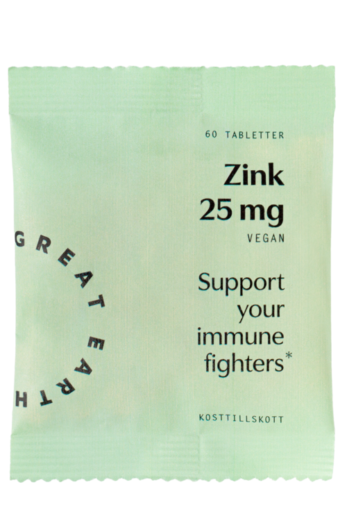 A packet of zinc tablets labeled 'Zink 25 mg', supports immune fighters, vegan, with 60 tablets inside.