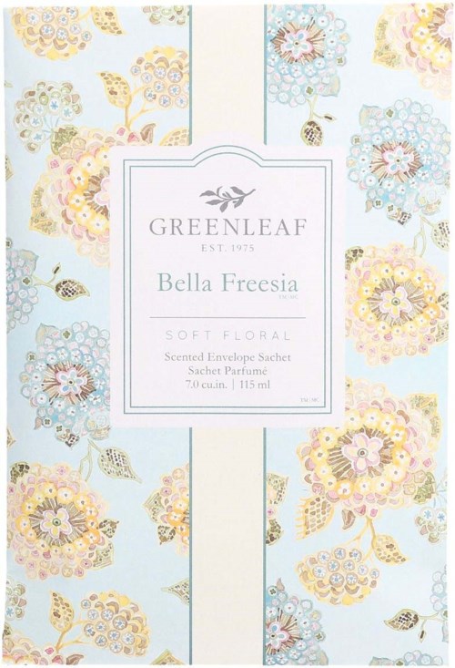 A floral-themed sachet package with pastel-colored flowers and the Greenleaf logo, labeled Bella Freesia, soft floral scent.