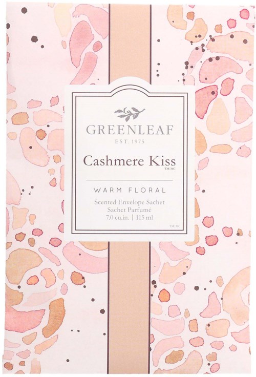 A Pink and beige patterned packaging for a scented envelope sachet with floral design and text in the center.