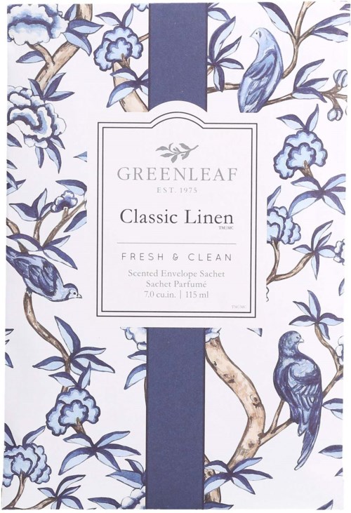 A decorative packaging of linen scent with blue flowers and birds design, labeled "Classic Linen" by Greenleaf.