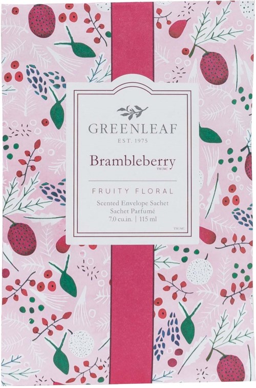 Pink floral background with strawberries and leaves, featuring a central white label for Greenleaf Brambleberry scented sachet.