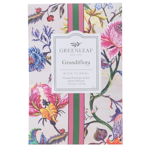 A floral design with colorful flowers on a box label for Greenleaf Grandflora scented envelopes.