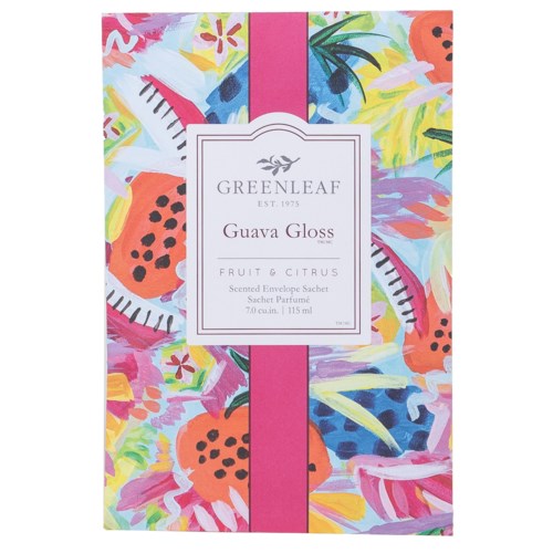 Colorful floral and fruit patterns, with a white label and pink stripe, for a scented envelope sachet.