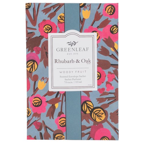 A colorful floral design with a central label for Greenleaf's Rhubarb and Oak scented envelope sachet.