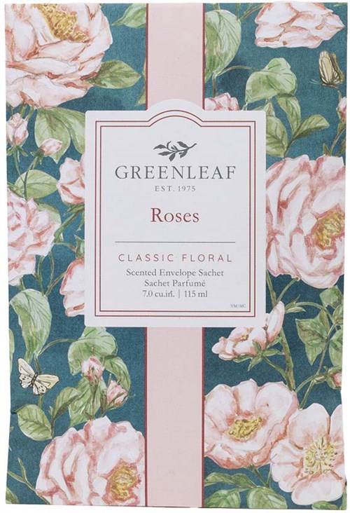 A floral pattern with pink roses and green leaves on a dark background, including a white label with 'Greenleaf' and 'Roses' text.