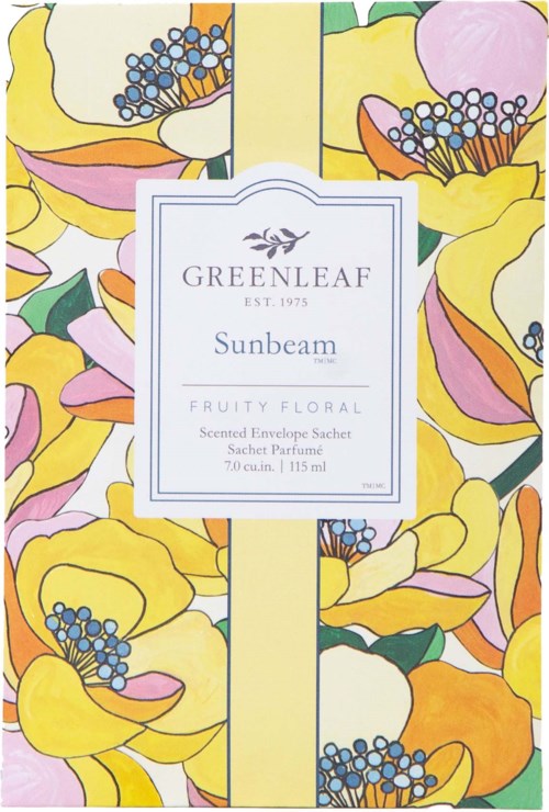 A floral scented envelope sachet with yellow, pink, orange flowers, and blue accents, labeled Greenleaf Sunbeam, fruity floral scent.