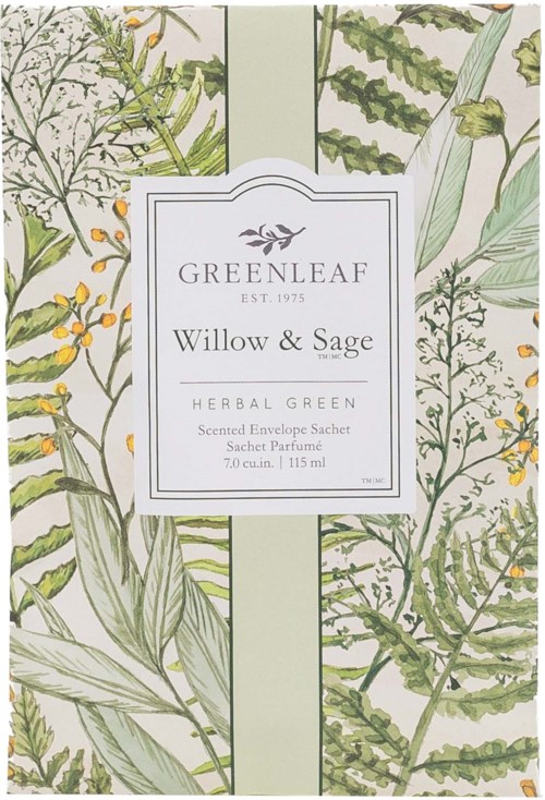 A packaging design with green leafy illustrations and a central label for a willow and sage scented product.