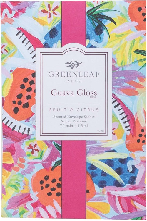 Colorful tropical fruit and floral design on the packaging of Greenleaf Guava Gloss scented sachet.