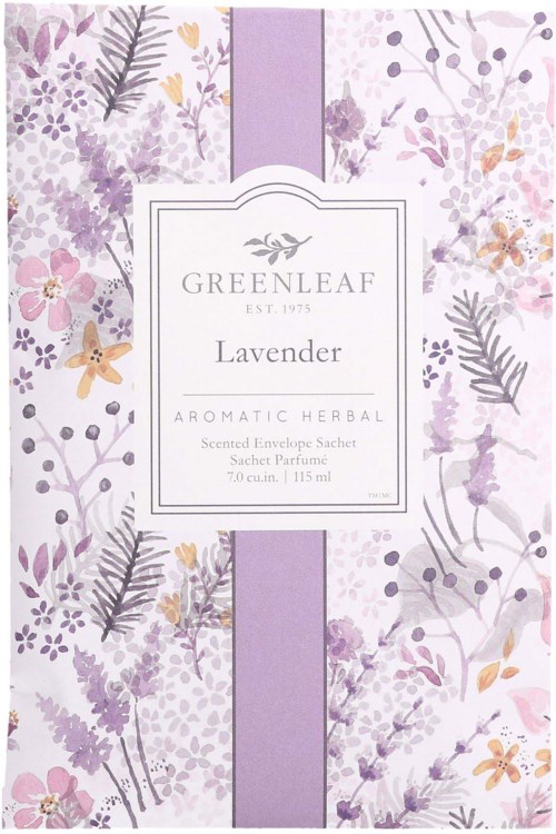 A lavender herbal scent package with floral and leaf designs, a purple band, and the Greenleaf logo.