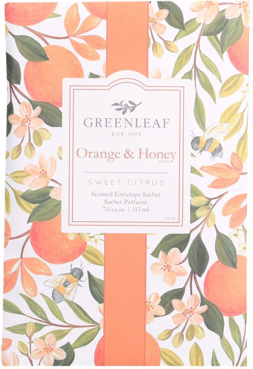 A floral design with oranges and flowers labeling a scented envelope sachet, called Greenleaf Orange & Honey, with citrus scent.