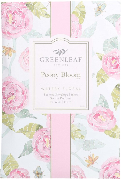 A floral design with pink peonies, green leaves, and small insects, featuring a label for a scented sachet.
