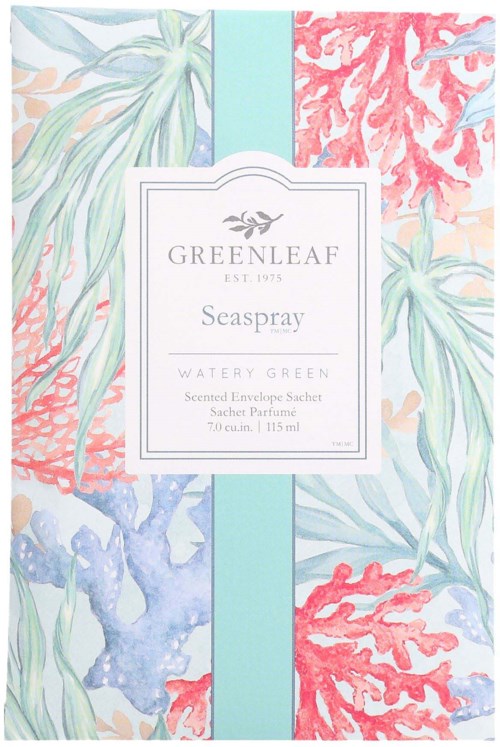 A colorful packaging design with green, red, blue coral and leaf illustrations, and a white label in the center.