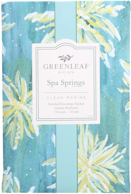 A colorful package design for Greenleaf Spa Springs scented envelope sachet, featuring tropical yellow flowers and blue-green background.