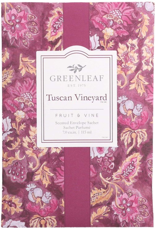 A decorative box with pink, purple, and gold floral design, labeled 'Greenleaf Tuscan Vineyard' for scented envelope sachet.
