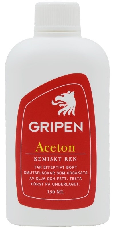 A white bottle labeled 'GRIPEN Aceton' with a lion logo and red background, containing cleaning solvent for paint and oil.