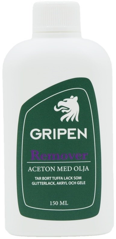 A white bottle with a green label, featuring a lion logo, labeled "GRIPEN Remover" and mentioning acetone medium oil.