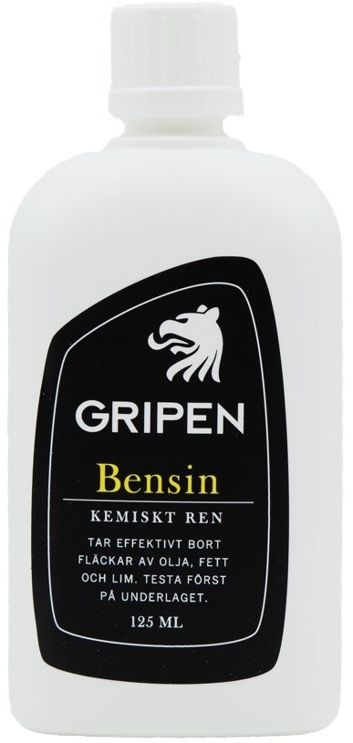 A white bottle with a black label showing a lion icon, brand name 'GRIPEN', and text about petrol removal and cleaning.