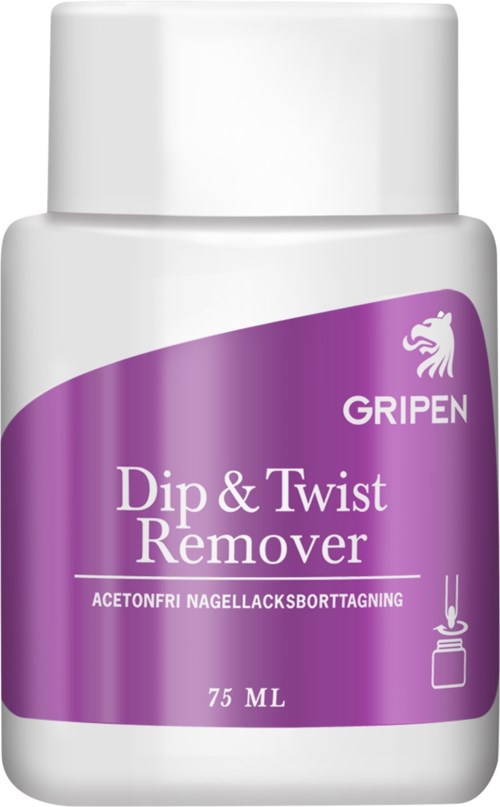 A small white bottle with a purple label for nail polish remover, with a lion logo and a nail icon.