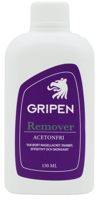 A white bottle with a purple label, featuring a lion logo and text for nail polish remover. It is 150 ml.