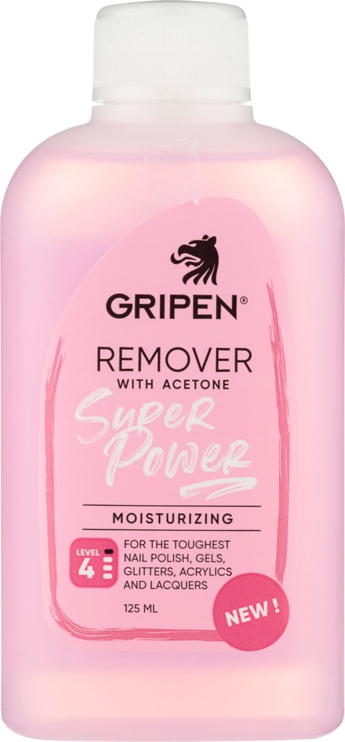 En rosa flaska med Gripen nagellackborttagning med aceton, märkning som återfuktande och för tålig nagellack.