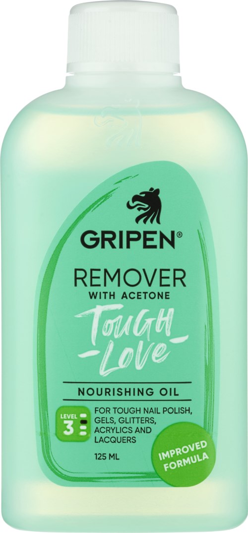 En ljusgrön flaska från Gripen Remover med Aceton, märkt för hårt nagellack som geléer och glitter, med en lejonlogga.