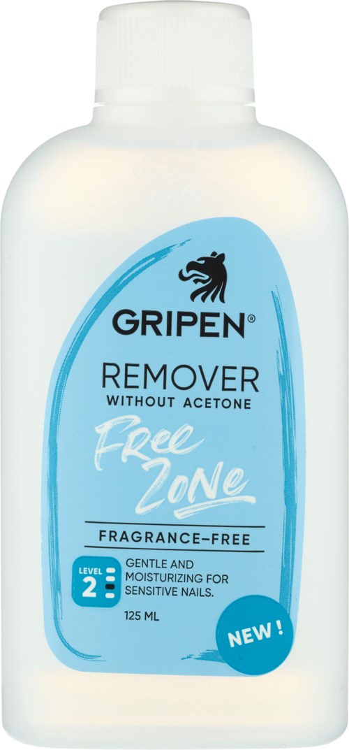 A white bottle with a blue label, text about remover, fragrance-free, gentle, for sensitive nails, 125 ml.