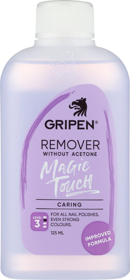A purple and white bottle of Gripen nail polish remover, labeled for all nail polishes, level 3 strength, 125 ml.