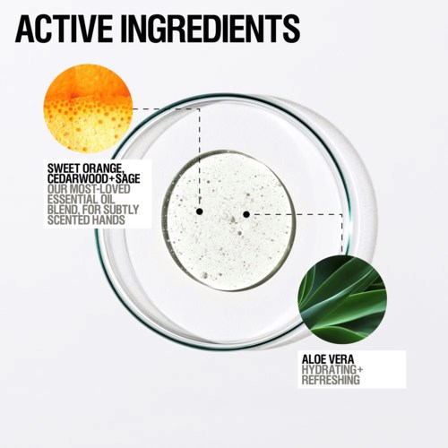 Diagram met ingrediënten: zoete sinaasappel, cederhout, salie en aloë vera.