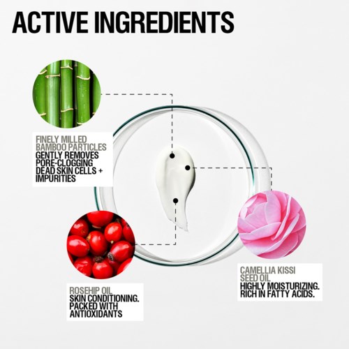 Diagram met huidverzorgingsingrediënten: bamboe, rozenbottelolie en camellia kissi-olie.