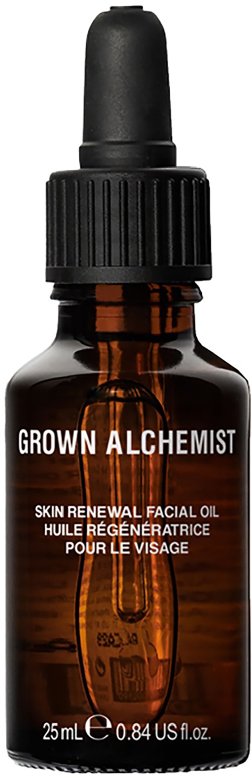 Dunkle braune Flasche mit schwarzem Tropfer, Etikett sagt GROWN ALCHEMIST, hauterneuernde Gesichtsöl, 25ml.