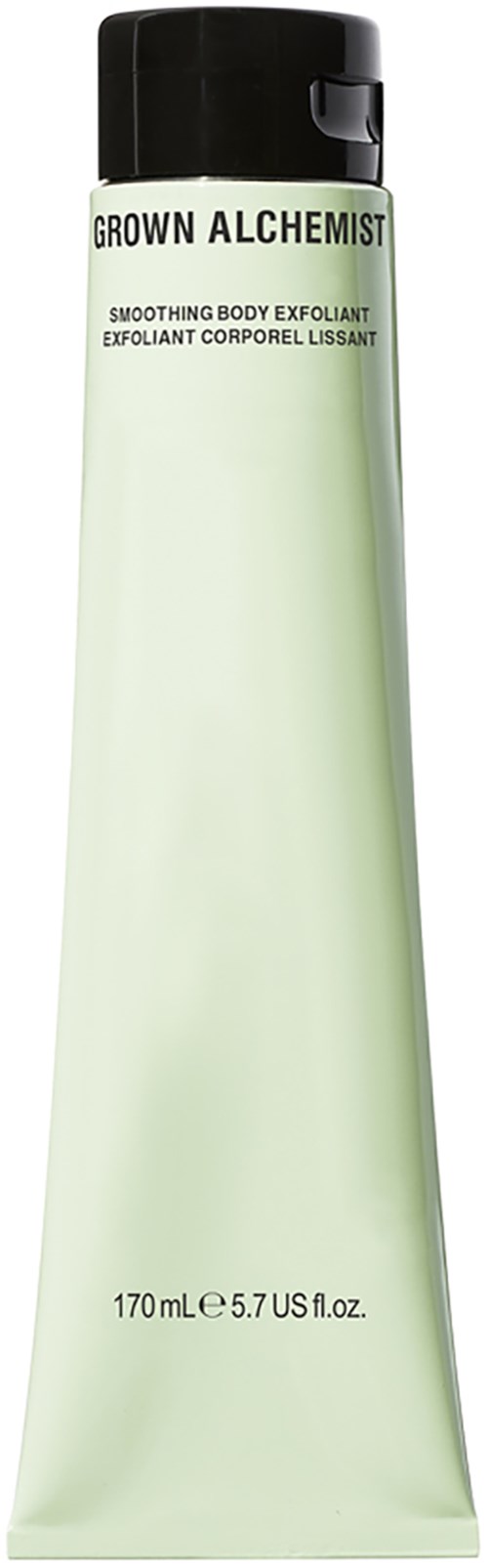 Een lange, lichtgroene fles met een zwart deksel, met het label 'Grown Alchemist' en 'Smoothing Body Exfoliant'.