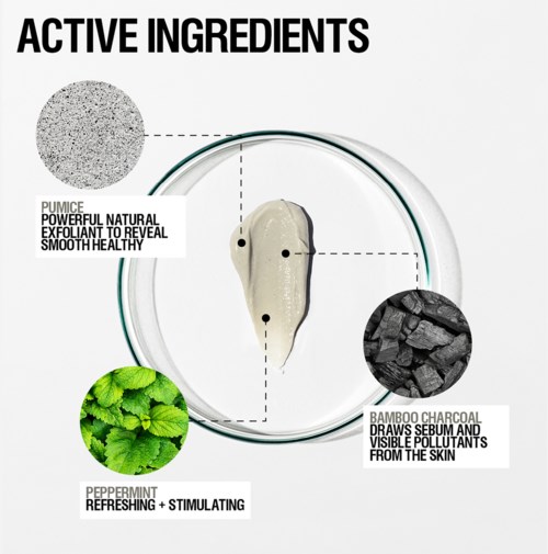 Diagram toont ingrediënten: puimsteen scrubs, bamboe kool, pepermunt voor verfrissende en stimulerende huid.