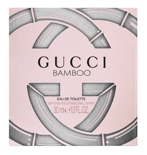 Een roze doos met Gucci-logo, bamboe-ontwerp en tekst voor Bamboo Eau de Toilette, 30 ml.
