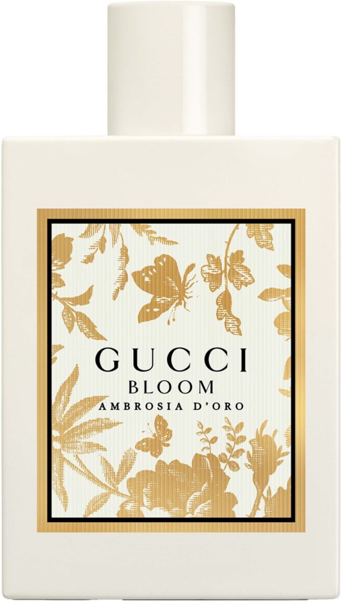 Een witte parfumfles met een bloemen- en vlinderdessin, genaamd Gucci Bloom Ambrosia D'Oro.