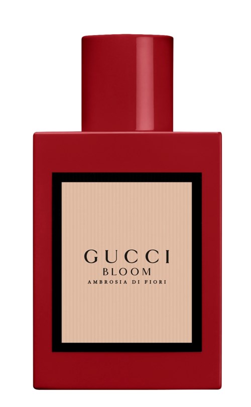 Röd parfyllflaska med en etikett som säger Gucci Bloom Ambrosia di Fiori.