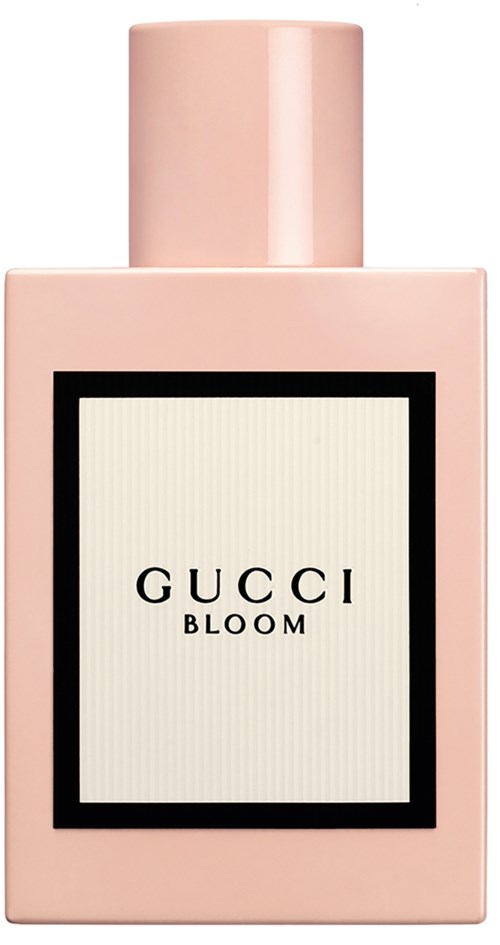 Roze fles met een zwarte rand en label met 'GUCCI BLOOM'.