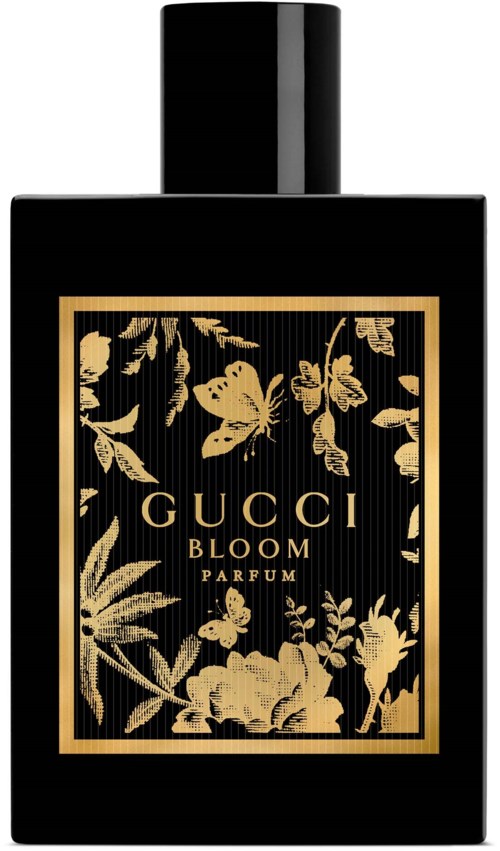 Een zwarte parfumfles met gouden bloemen- en vlinderontwerp, gelabeld 'Gucci Bloom Parfum'.