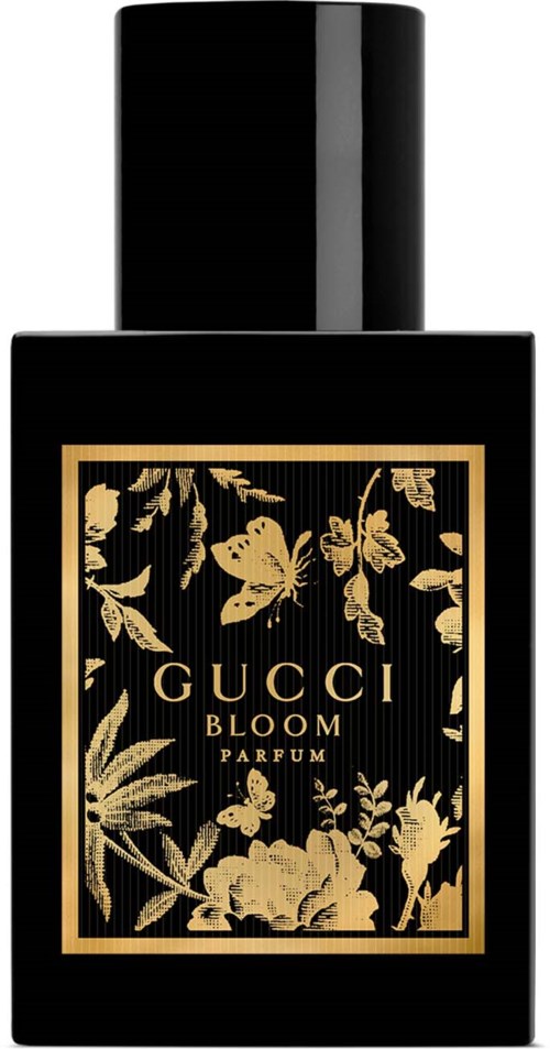 Een zwarte parfumfles met gouden bloemenversieringen en de tekst 'GUCCI BLOOM PARFUM' op het label.