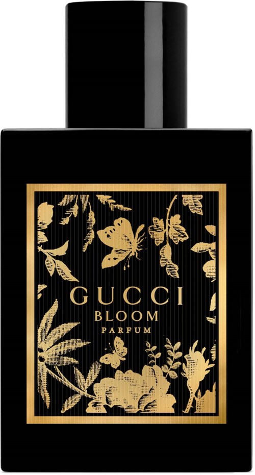 Een zwarte parfumfles met gouden blaadjes en vlinderontwerp, gemarkeerd 'Gucci Bloom Parfum'.