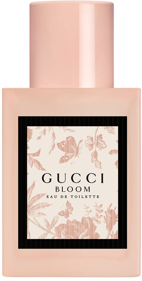 Licht roze fles met bloemenlabel voor Gucci Bloom Eau de Toilette.