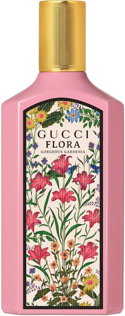 Een roze fles met een gouden dop en een kleurrijk bloemenlabel voor Gucci Flora parfum.