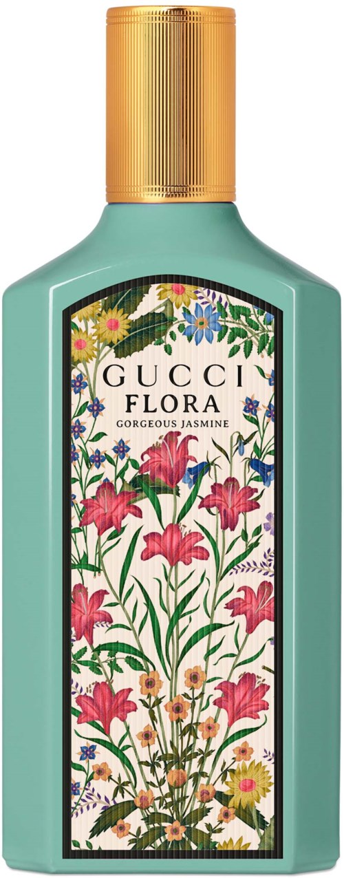 Een lichtblauwe fles met een gouden dop, met een bloemendesign en de woorden "GUCCI FLORA GORGEOUS JASMINE."
