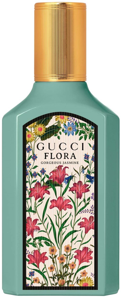 Een fles Gucci Flora-parfum met bloemenlabel en gouden dop.