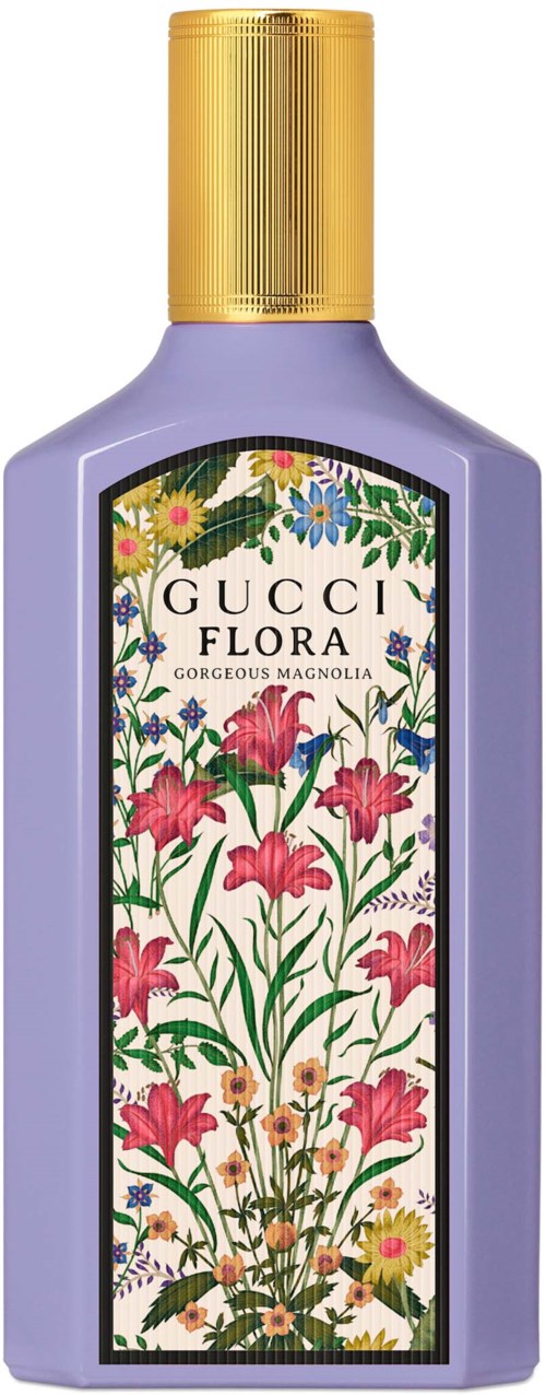 Een lavendelkleurige fles met een gouden deksel en een etiket met bloemen en vlinders.