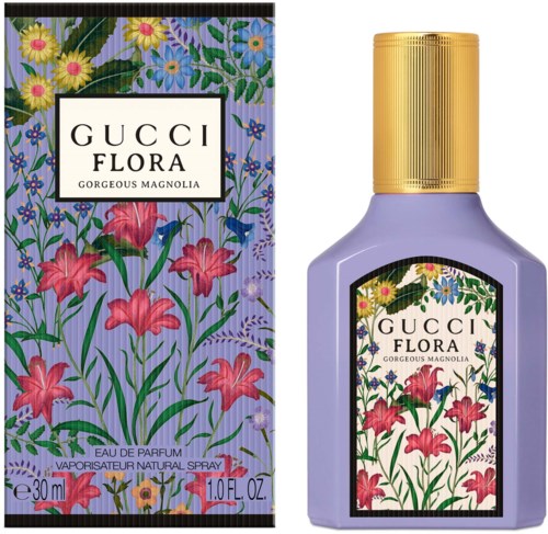 Een parfumfles met paarse body, gouden dop, bloemenlabel en bijpassend bloemenverpakkingsdoos met gekleurde bloemen.